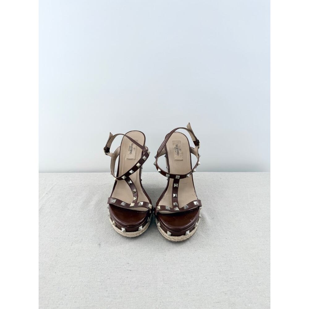 Valentino Garavani Leather Rockstud Espadrille Wedge Sandals Brown Women's 39.5 - Picture 3 of 7
